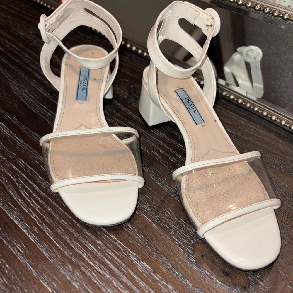 Prada Women's Cream Block Heel Sandals